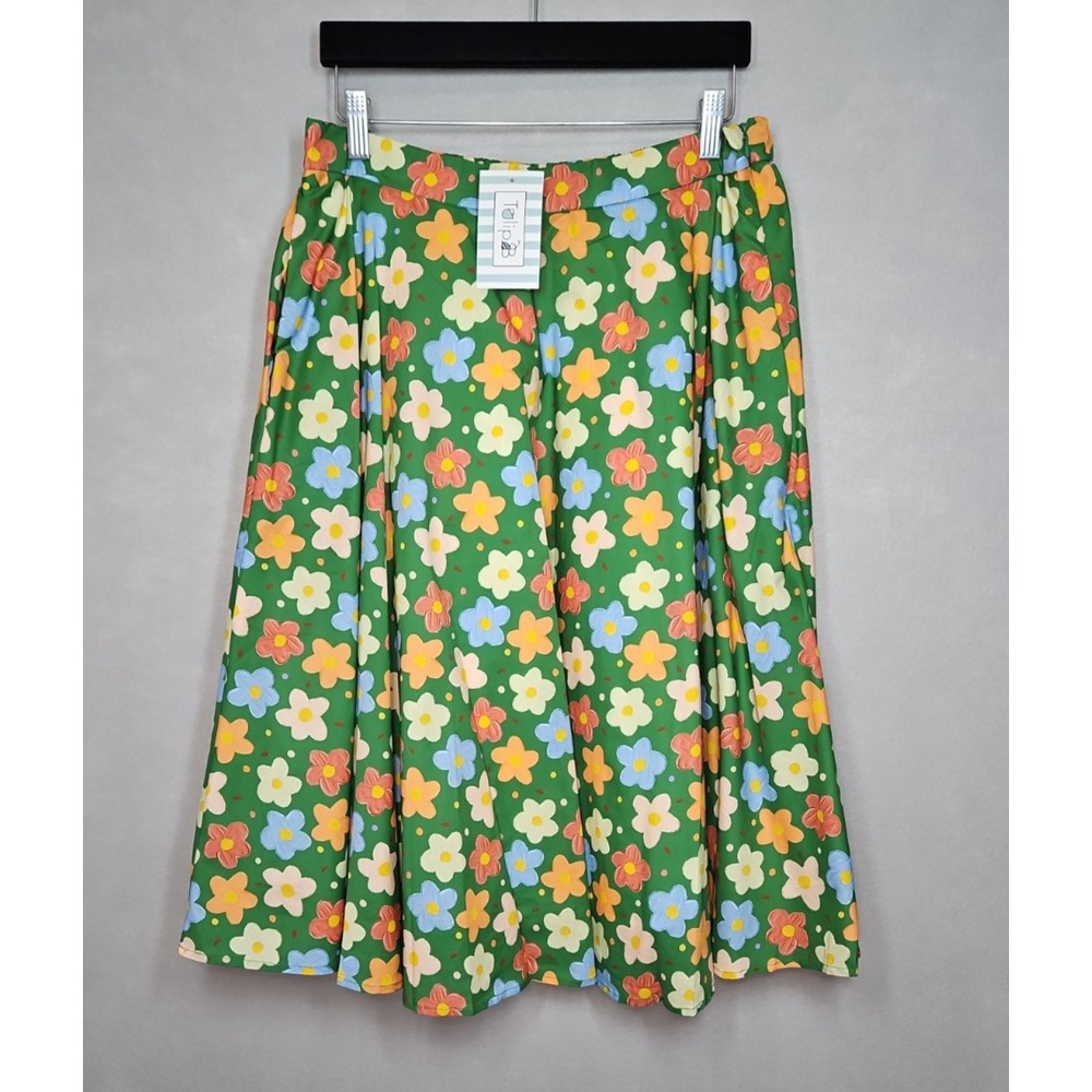 Tulip B Womens Green Floral A Line Midi Skirt w/ Pockets Size Large NWT